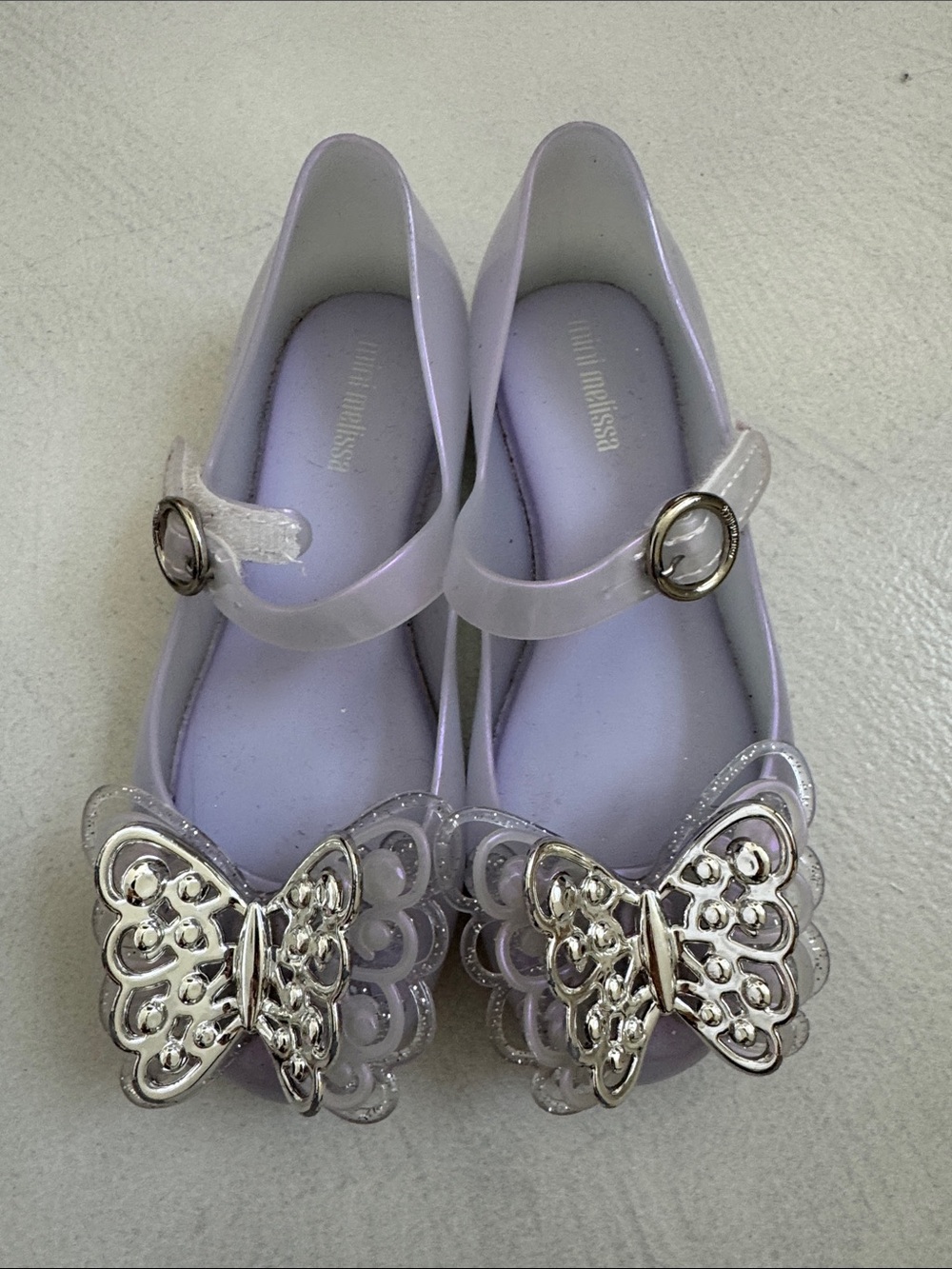 Mini Melissa Lavender Jelly Mary Janes with Silver Butterfly Accents